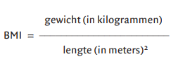 Het BMI is te berekenen door het gewicht in kilogram te delen door de lengte in meters in het kwadraat